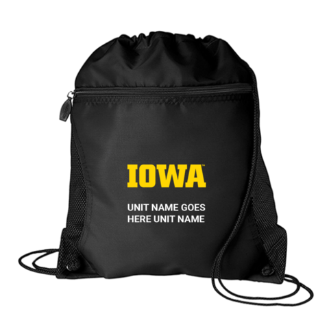 Black drawstring bag with IOWA logo and placeholder custom text