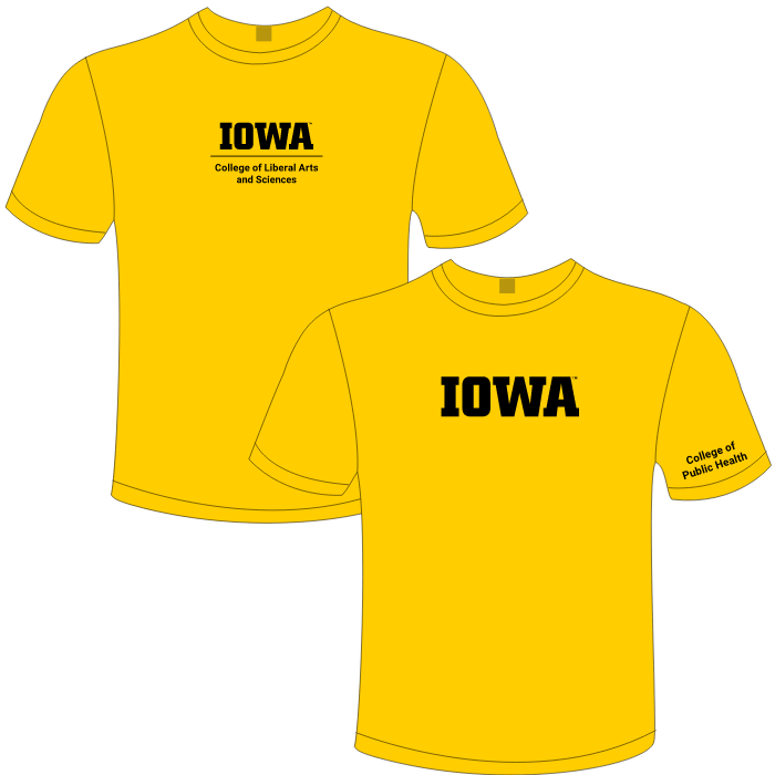 Tee options: unit lockup shown on one tee; block IOWA logo with unit name in plain text shown on second tee