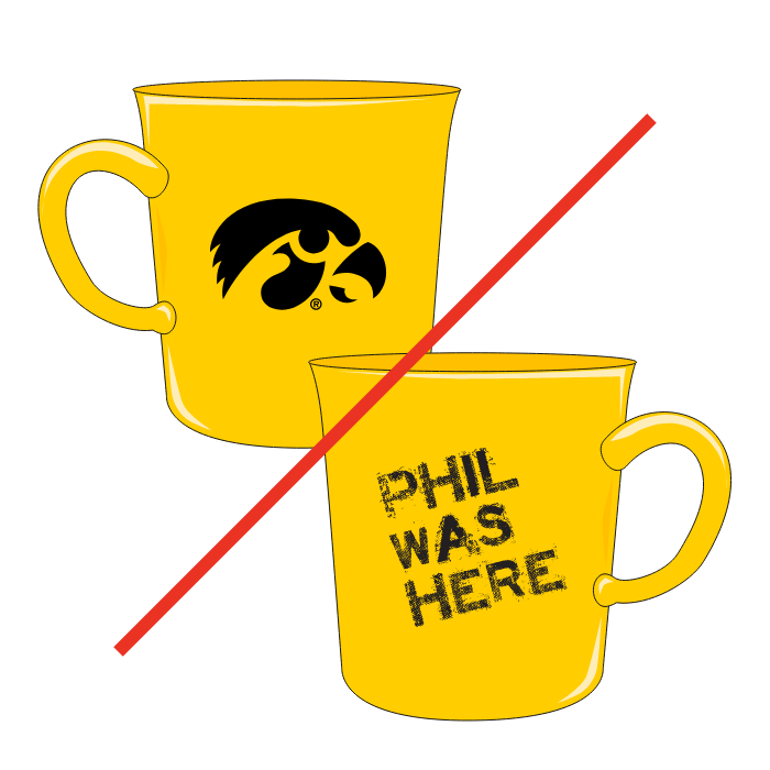 Prohibited example of the Tigerhawk used in place of the block IOWA on a mug