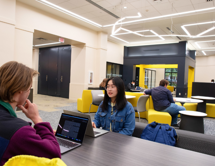 Students studying in lounge with black and gold accent walls and furniture, bright modern lighting.