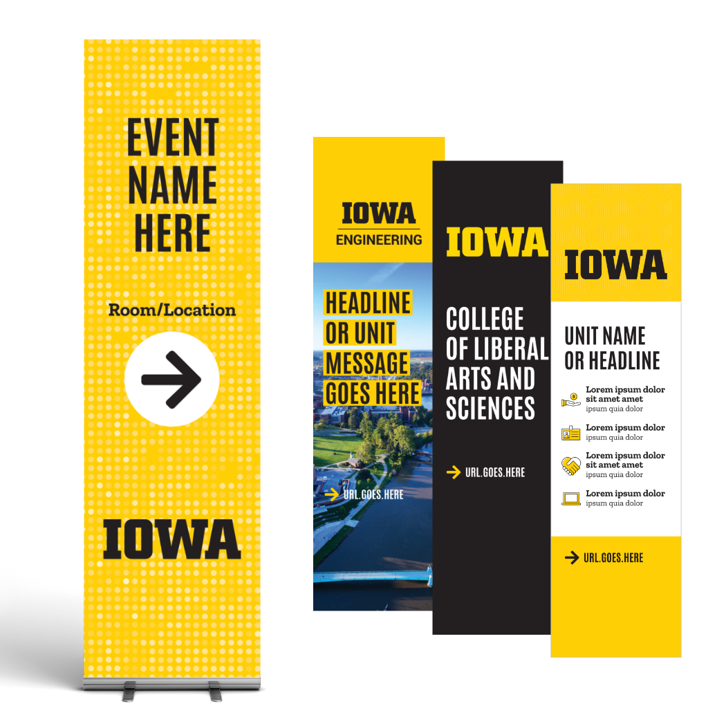 Four sample rollup banner templates showing logo, text, photo, and graphic element placements