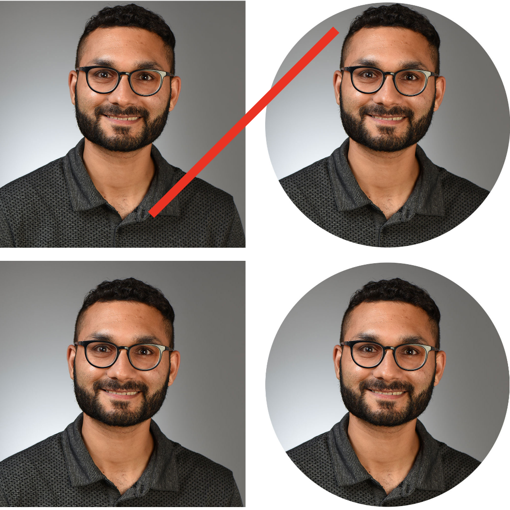 Portraits compare subjects too tight to edge of frame versus with adequate room for cropping into directory circle frames.