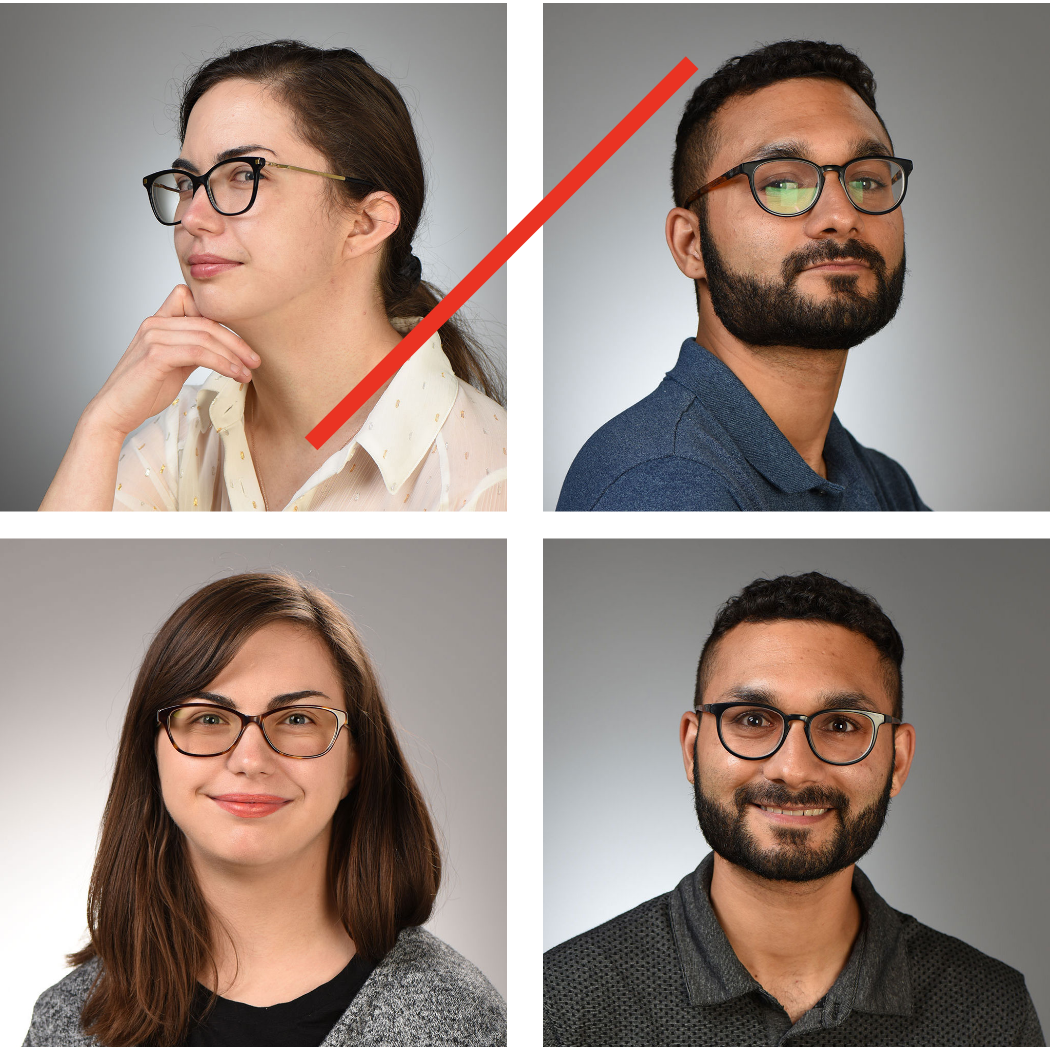 Four sample portraits show subject tilting head versus looking straight at the camera