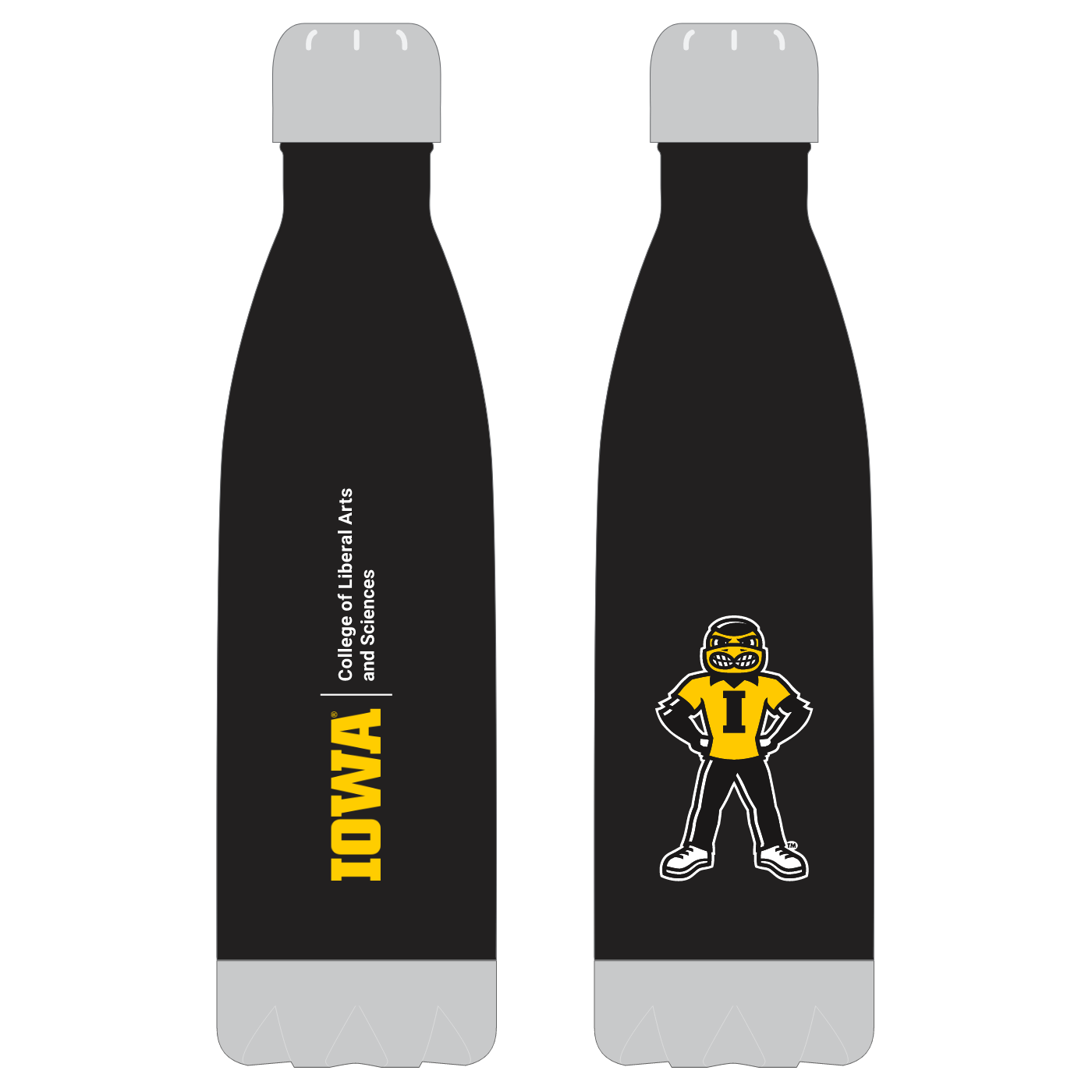 Herky shown on the back of a water  bottle.