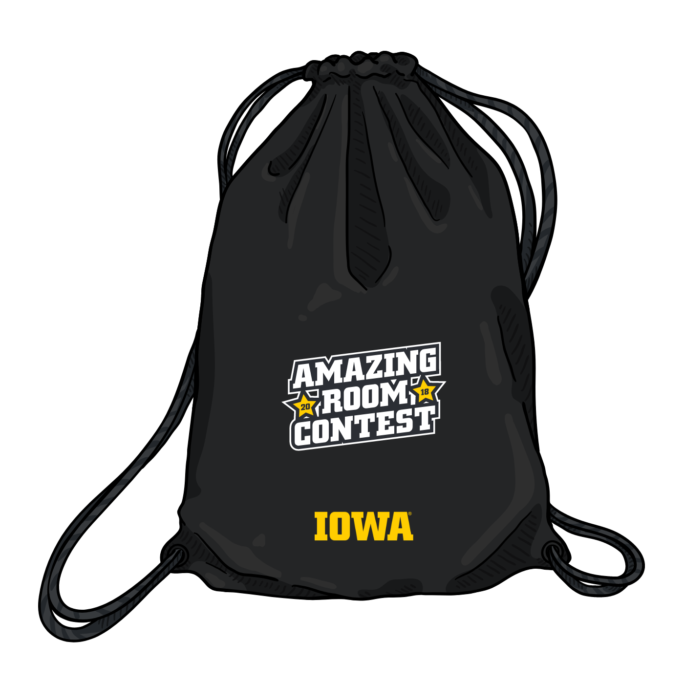 Amazing Room Contest graphic shown on drawstring bag with block IOWA logo separately at the bottom