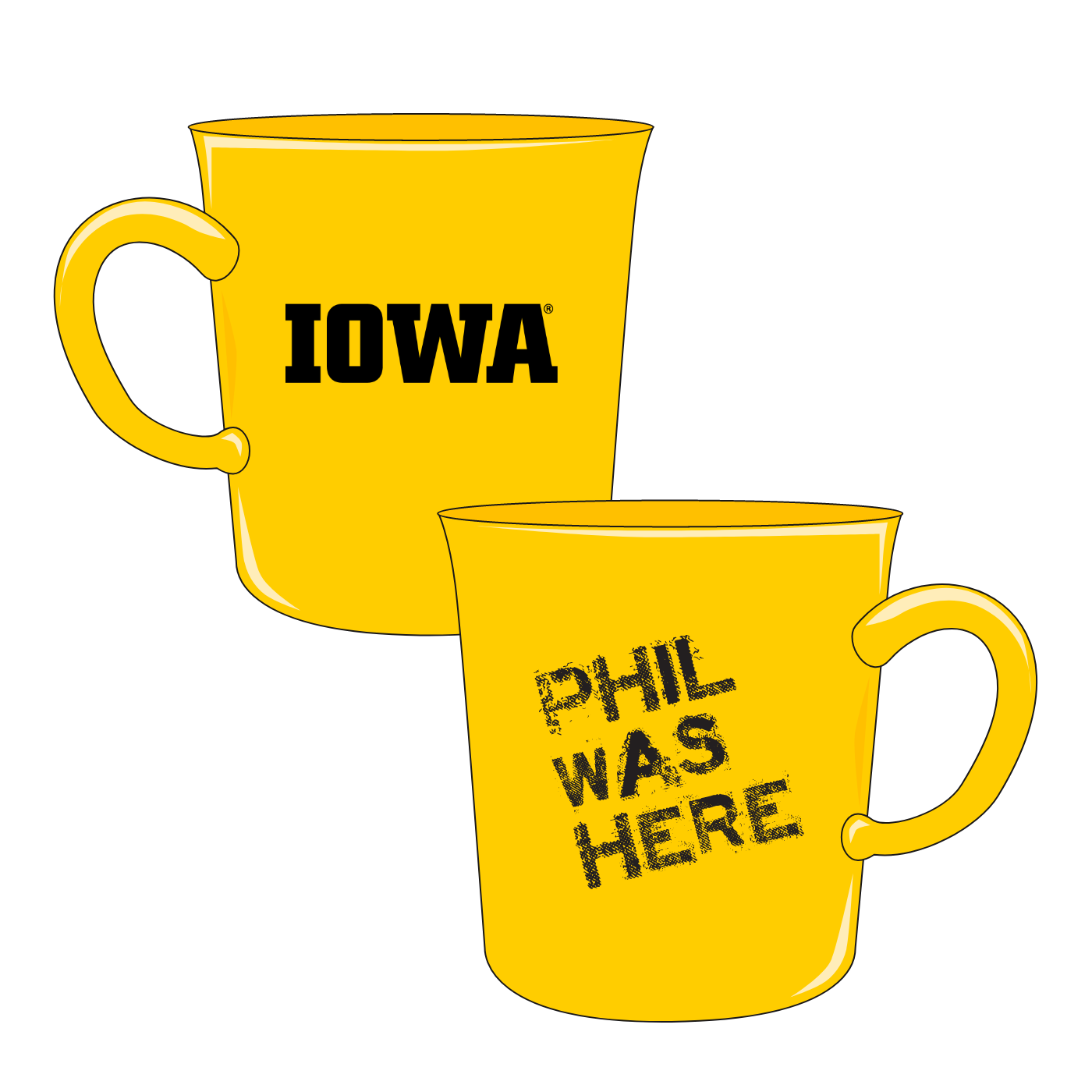 PHIL WAS HERE graphic on a mug with block IOWA logo on back
