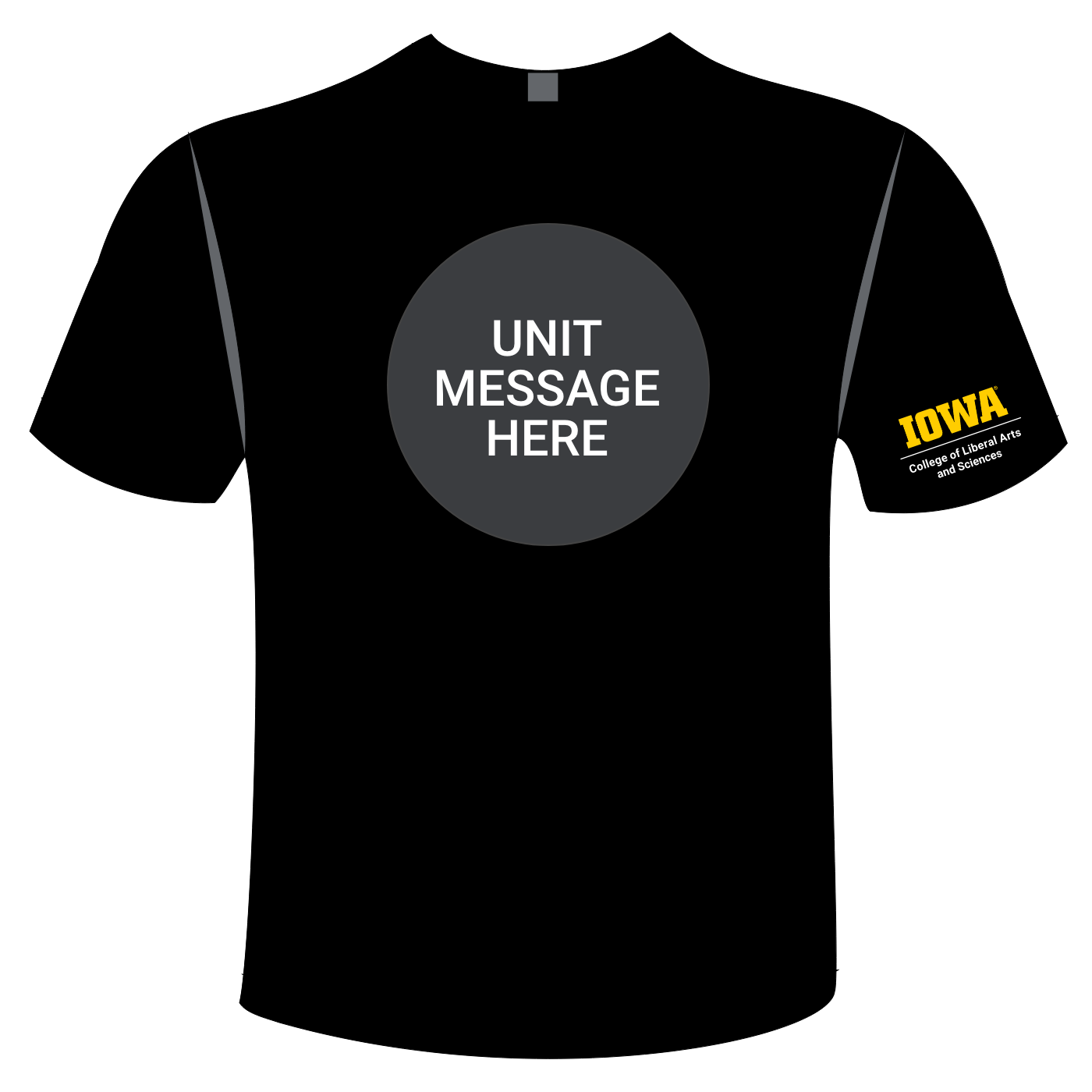 Tee with unit message placeholder on front, lockup on sleeve