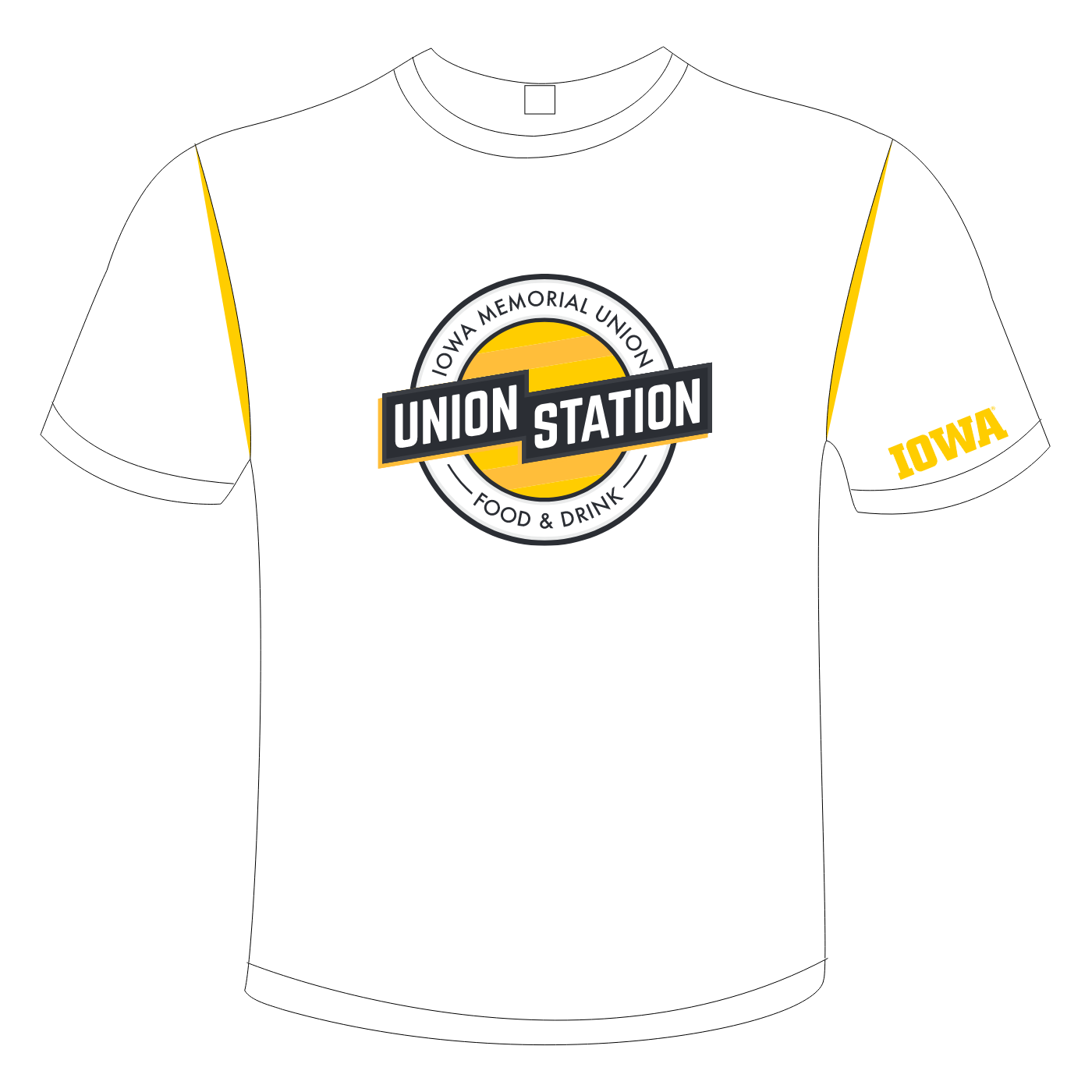 Union Station graphic on front of tee, block IOWA on sleeve
