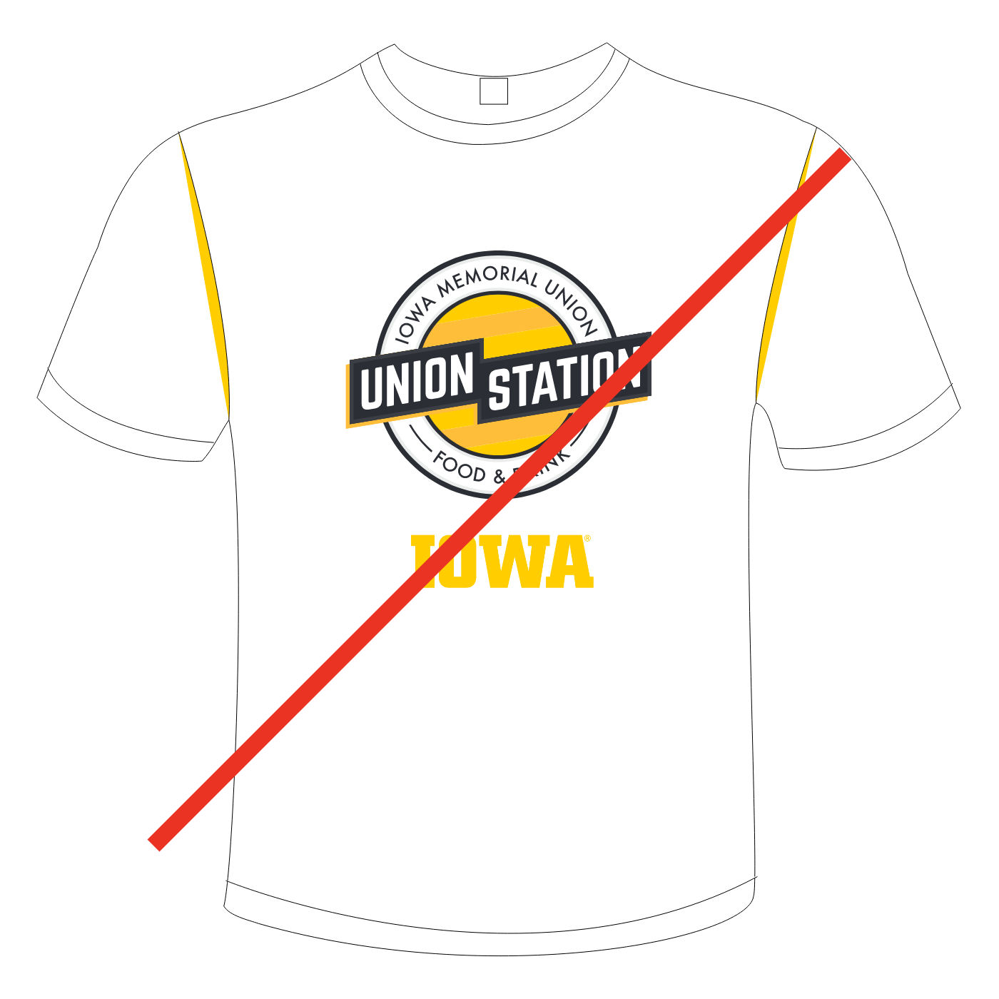 Union Station graphic on front of tee with block IOWA too close