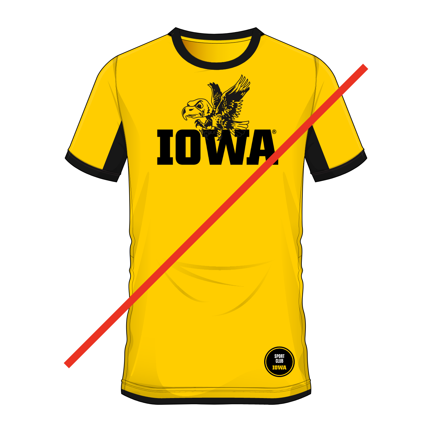 Prohibited example showing the Flying Herky combined with the block IOWA logo on the front of a jersey
