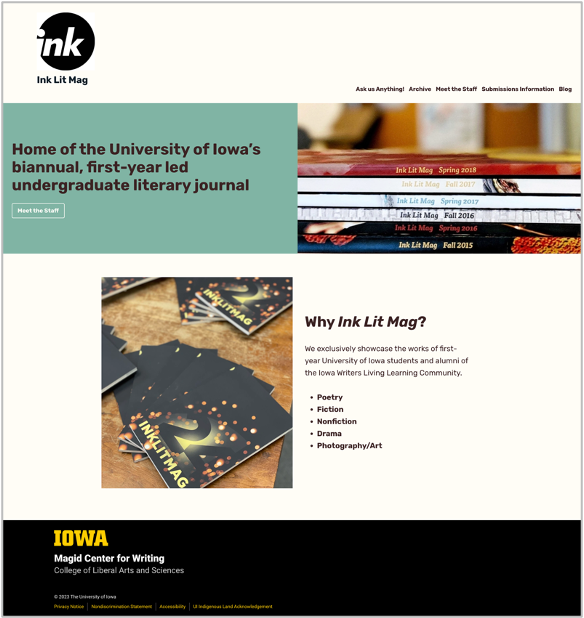 InkLit magazine website shown with the standard University of Iowa footer