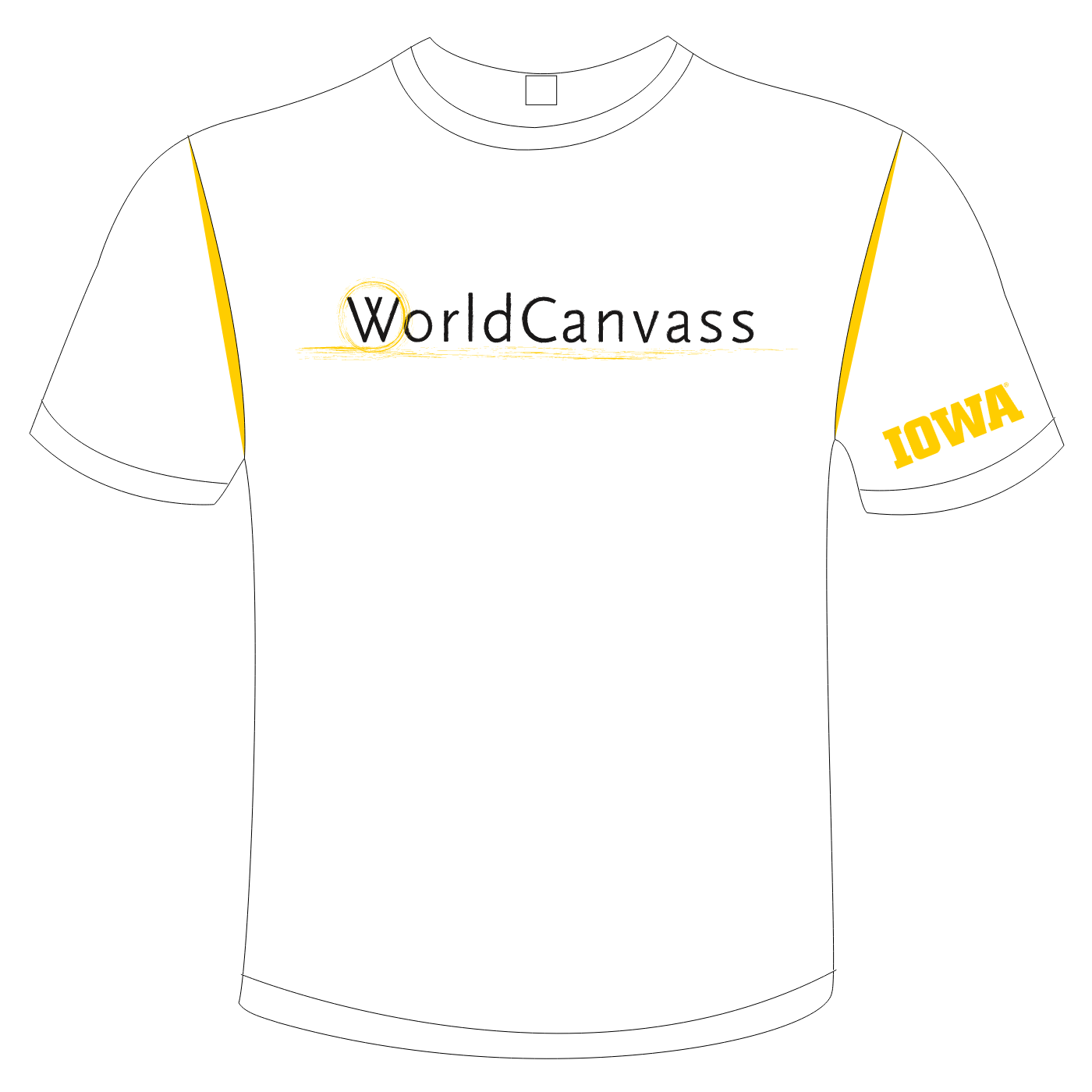 WorldCanvass logo shown on front of tee with block IOWA logo on sleeve