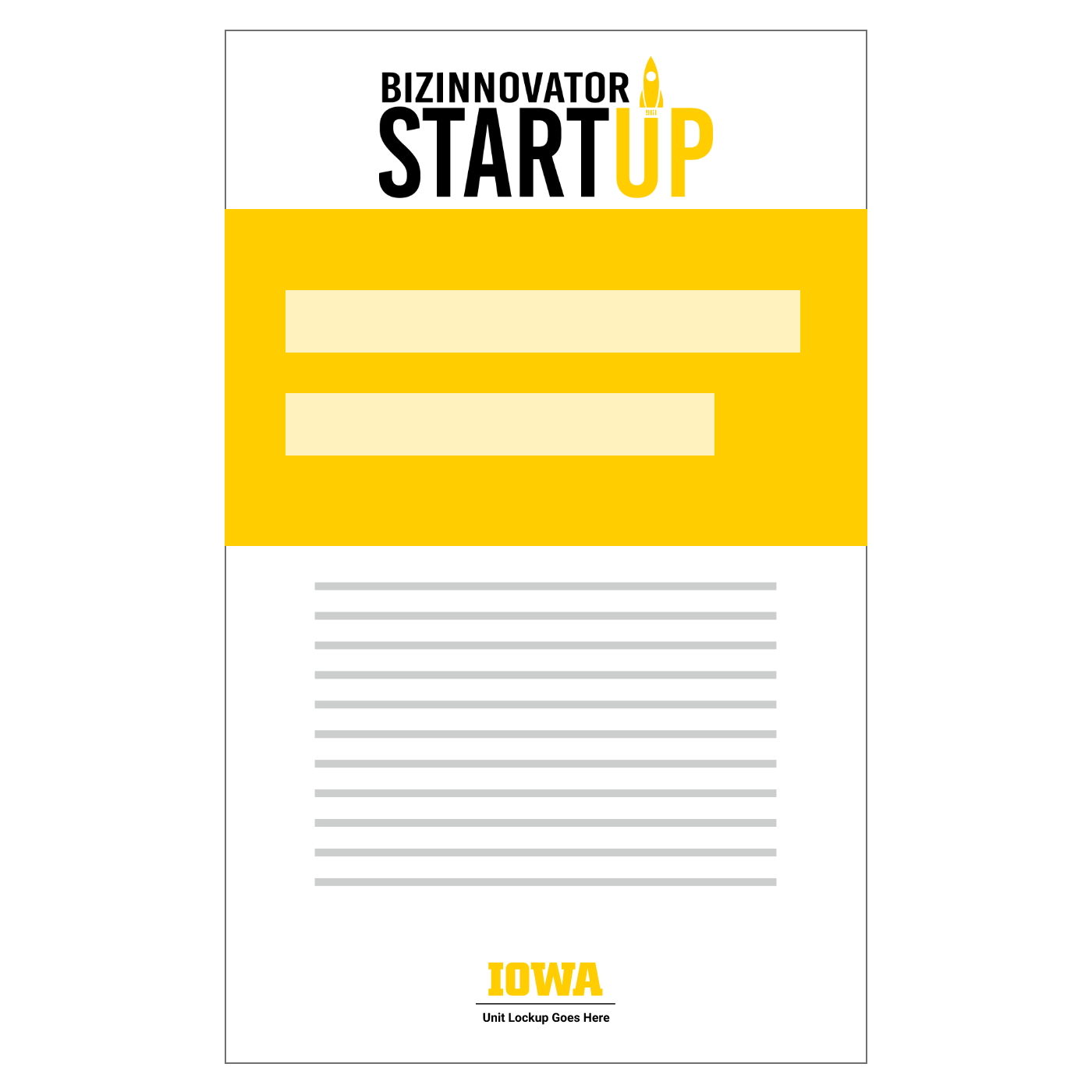 Page mockup with BizInnovator logo at the top and block IOWA logo at the bottom. Page elements use black and gold.