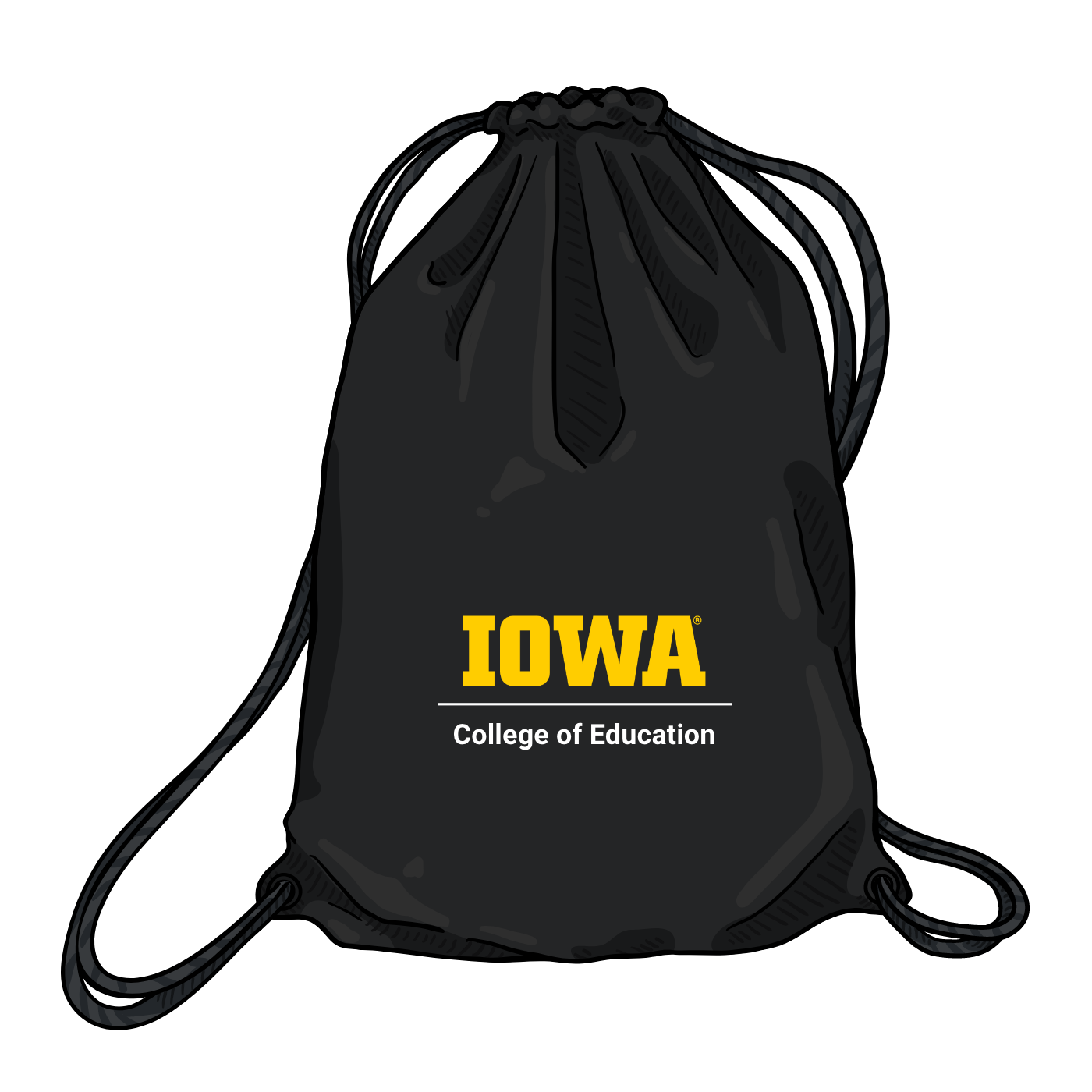 Black string bag with block IOWA logo displayed as part of the College of Education lockup