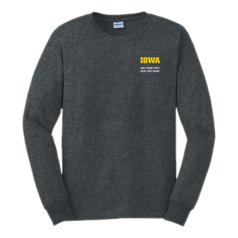 Gray long sleeve tee with university logo and placeholder unit text on left chest.