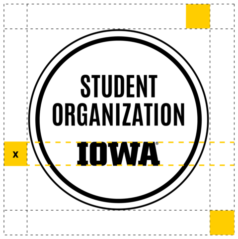 Diagram showing the clear space requirement for a student organization badge. The clear space equals the height of the block IOWA logo and should be honored around all sides of the badge. 