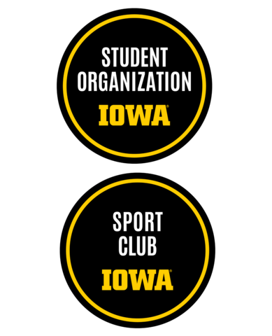 Black circle badges with block IOWA logo positioned below Student Organization and Sport Club plain text identifiers