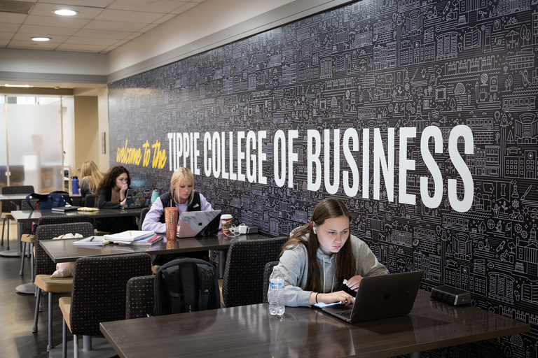 Welcome to the Tippie College of Business text displayed over community pattern
