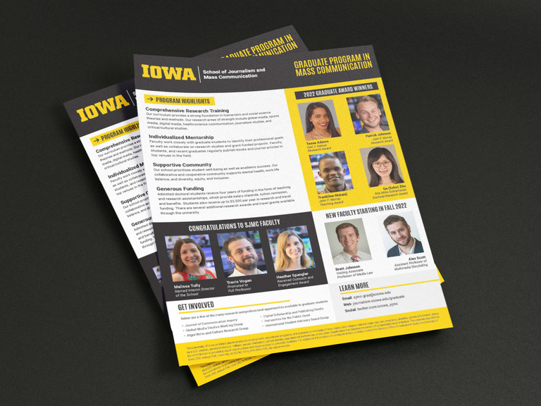 Flyer design uses black and gold color blocking to organize informational and portrait content.
