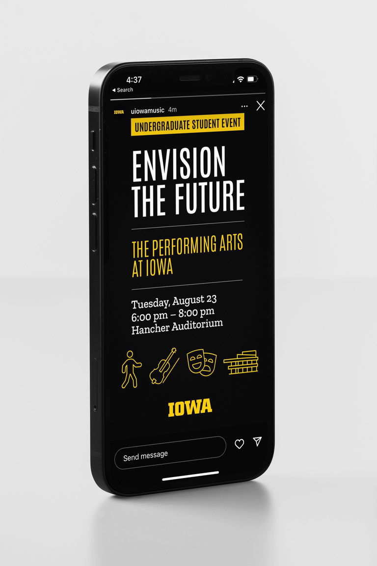 Performing arts event promotion shown on a smartphone. Includes brand fonts, icons, and graphic element styling. 
