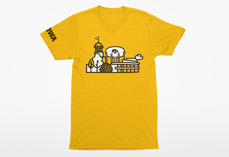 Gold t-shirt with graphic and IOWA logo on sleeve