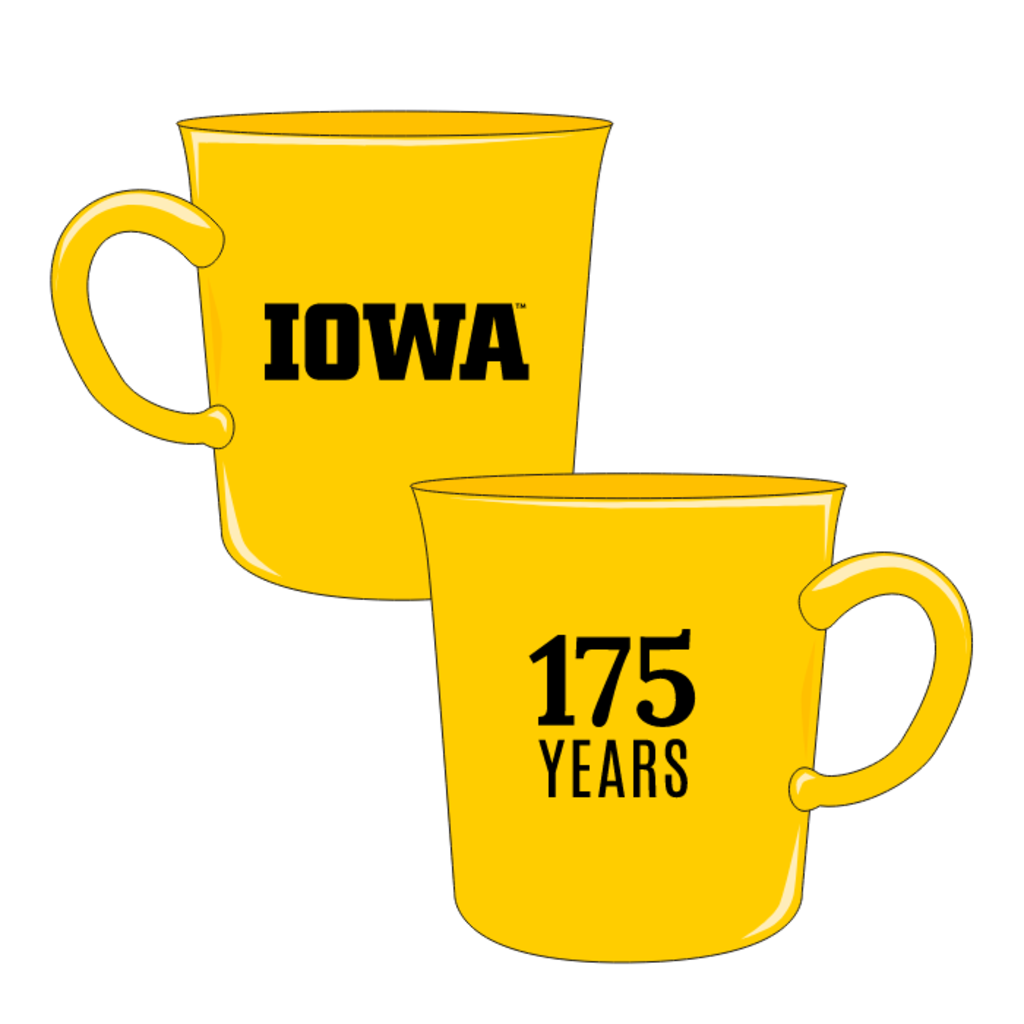 Gold mugs showing the block IOWA logo and "175 Years" displayed separately in black
