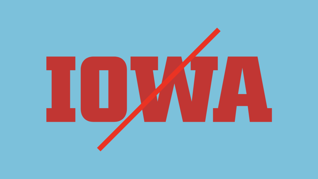 Prohibited line over Block IOWA in red on blue background