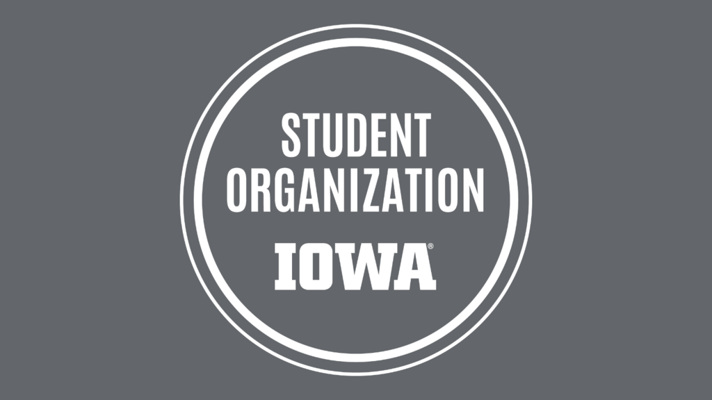 The Student Organization badge reversed which means that the fill of the badge is transparent to the background it is displayed on and all other components including the IOWA logo are displayed in all white