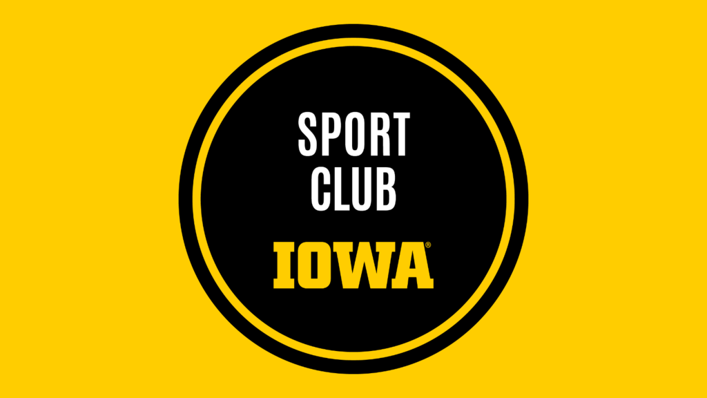 Black sport club badge with gold block IOWA logo and white "Sport Club" text